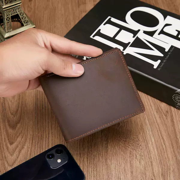 Cross-Border Shipping Men's Crazy Horse Leather Wallet Short Style Fashionable Horizontal Wallet Large Capacity Multi-Card Slot Coin Purse
