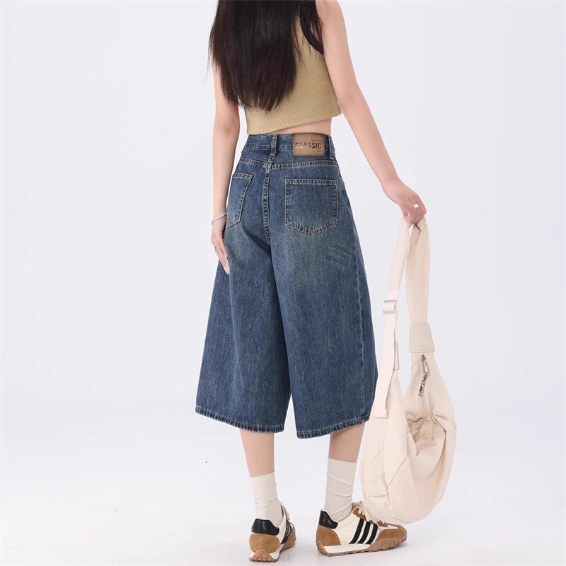 Women's Cropped Wide-Leg Denim Shorts, Spring/Summer 2025 New Style, Loose Bf Style, Petite Straight-Leg Mid-Length Shorts