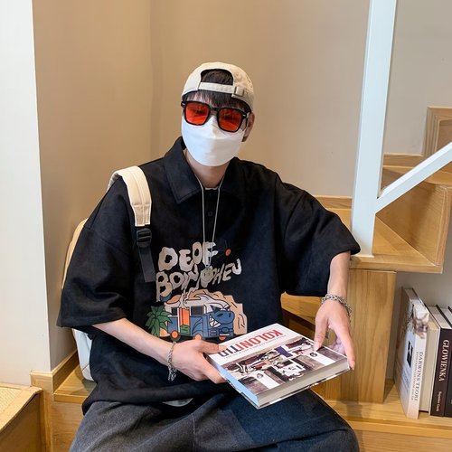 Men's American Streetwear Short Sleeve Polo Shirt Summer Fashion Heavyweight Retro Collar T-Shirt for Boys