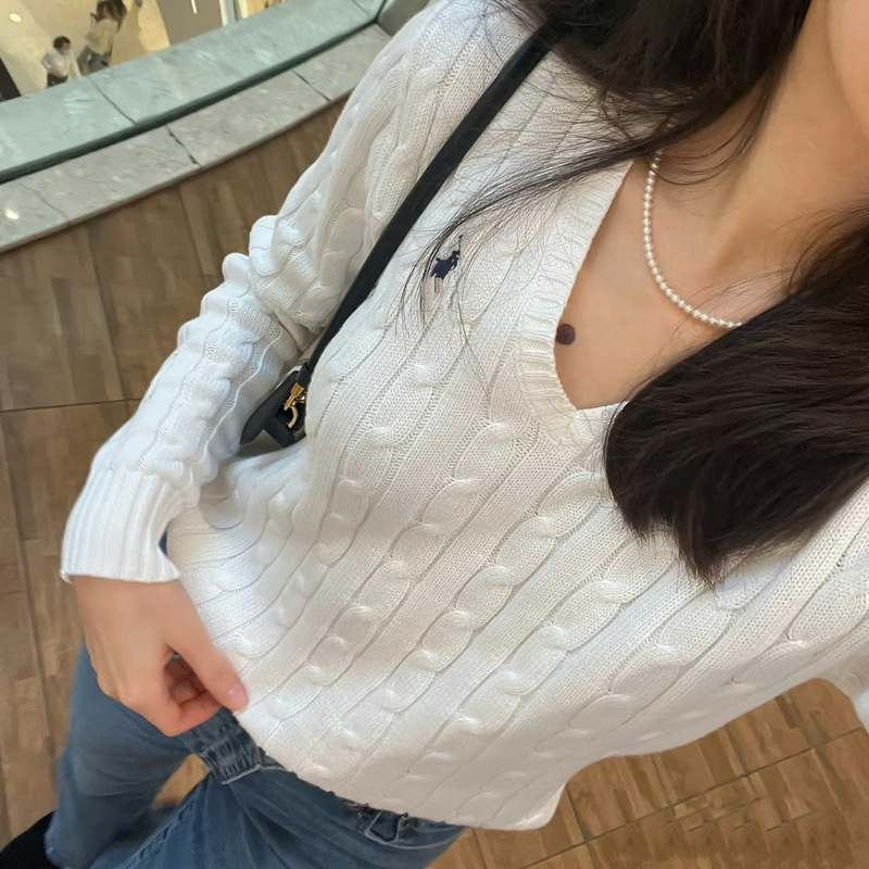 High Version Rl Laff V-Neck Twist Sweater Classic Pony Embroidered Loose Casual 25 Autumn and Winter Versatile Long-Sleeved Women