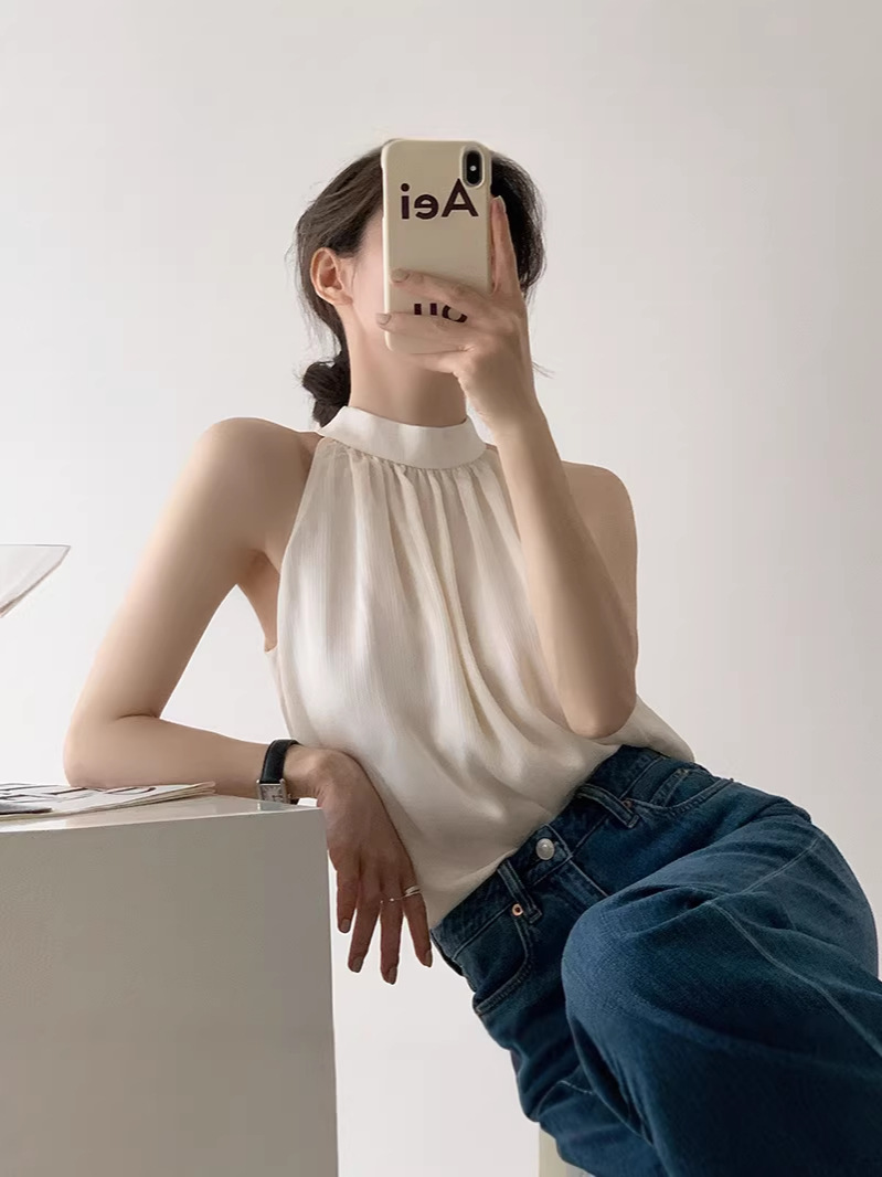 Áo sơ mi nữ chất liệu voan trắng kiểu Pháp, thiết kế cổ quàng hở vai — đen