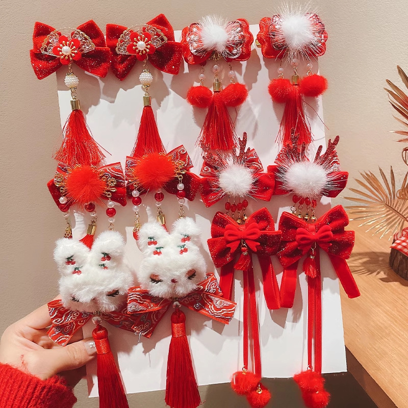 new year hair accessories children‘s new year barrettes 2025 new girl‘s ancient style tassel a pair of hairclips red hanfu hair clip headdress