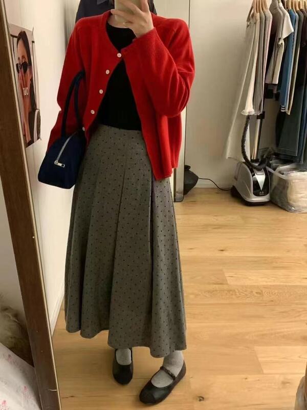小众灰色波点百褶半身裙女装早秋高腰显瘦梨形身材中长款a字裙子|undefined