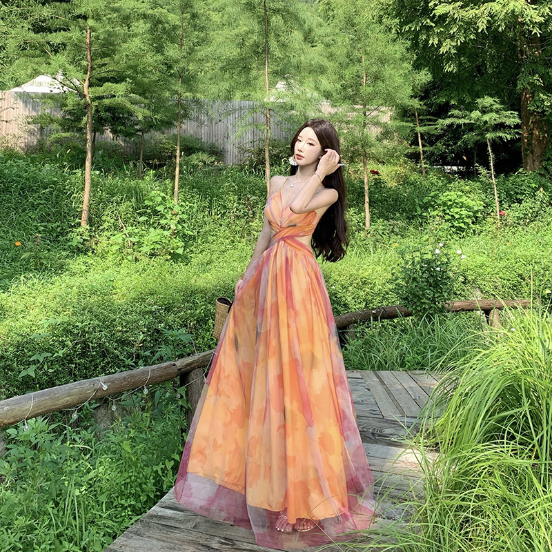 橘色碎花V领露背沙滩裙纯欲吊带长款显瘦连衣裙女夏季|undefined
