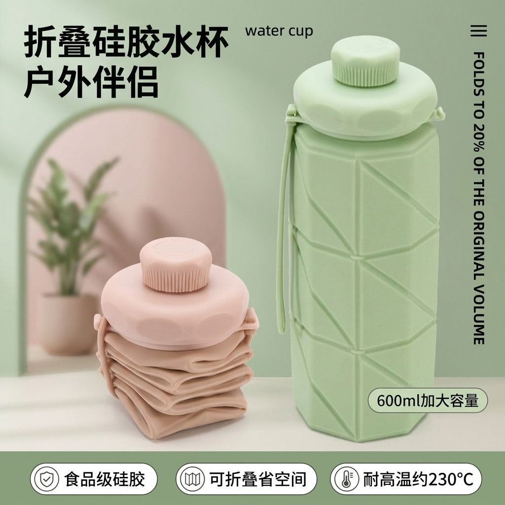 New foldable silicone water bottle, large capacity, heat-resistant, portable, and suitable for outdoor travel; food-grade