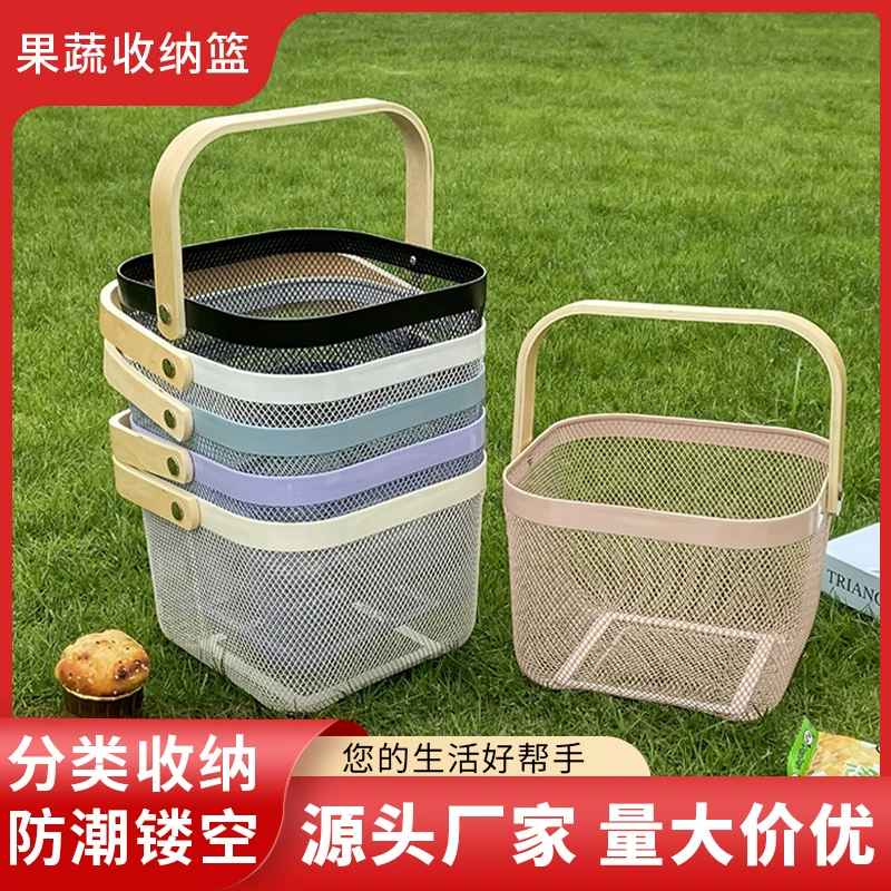 Покрытие Nordic Light Luxury Iron Art Strike Basketball Wood Handle Rolled Fruit Vegetables Basketable House Hollow Storage Basket