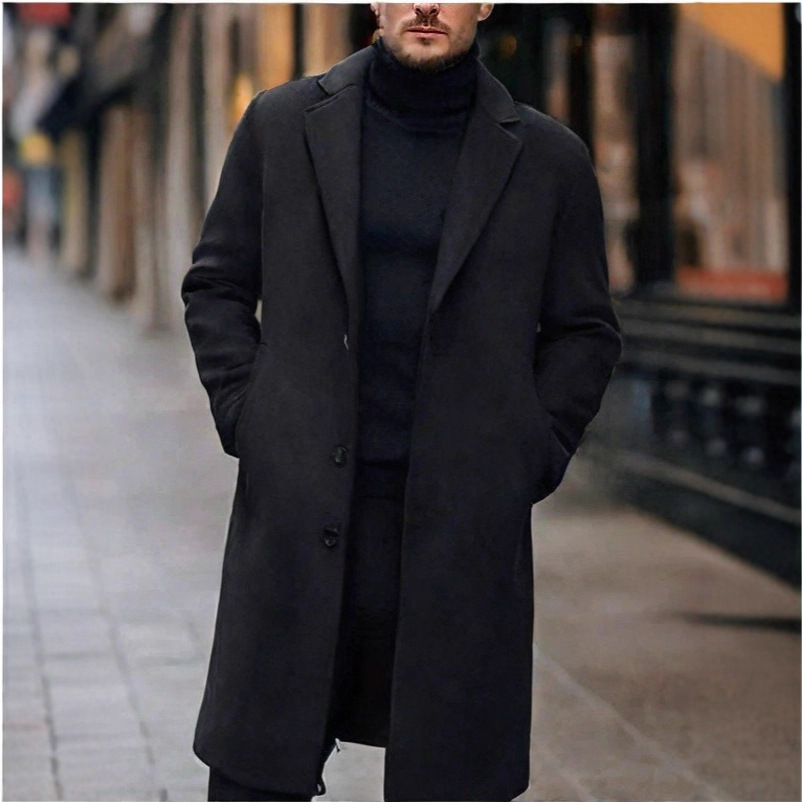 Cross-Border Autumn and Winter Men's Casual Woolen Coat Men's Korean Style Slim Mid-Length Pure Color Woolen Windbreaker Jacket