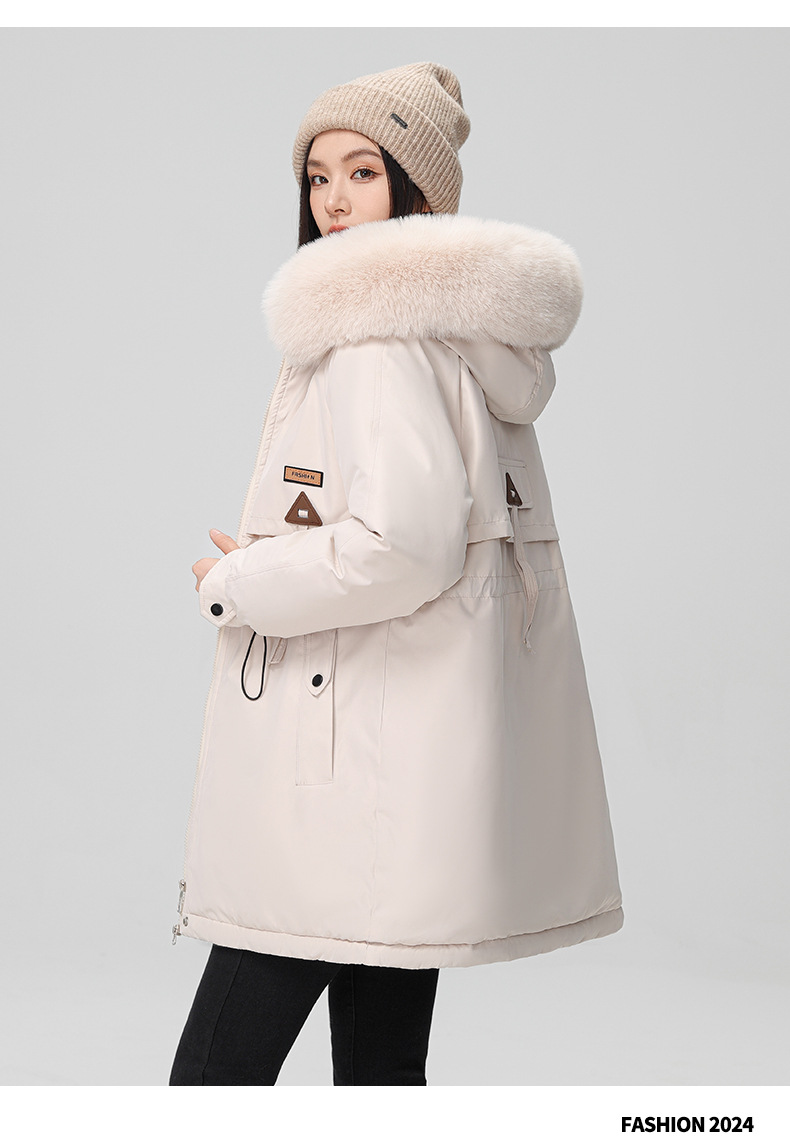 2024 foreign trade overcomes women's winter new Korean version waist cinching slimming hooded big fur collar cotton_voghion.com