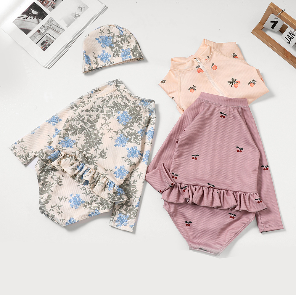 Mädchen-Badeanzug mit Blumenmuster und Rüschen, inklusive passender Badekappe | Niedliches Baby-Badeanzug-Set für Pool und Strand_voghion.com