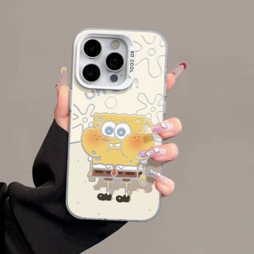 Spongebob Squarepants Is Suitable for Apple 16 Pro Max Phone Case 15 Cartoon Niche 14 Color Silver Double-Layer Anti-Drop Protective Case
