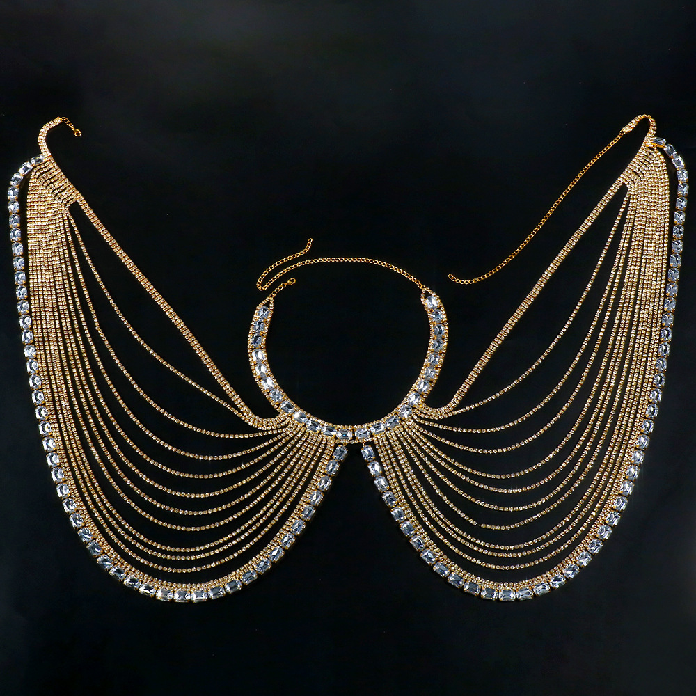 Nueva Cadena de pecho de diamantes de imitación transfronteriza europea y americana sexy multi-capa borla Halter Cadena de pecho accesorios de lujo Cadena de cuerpo