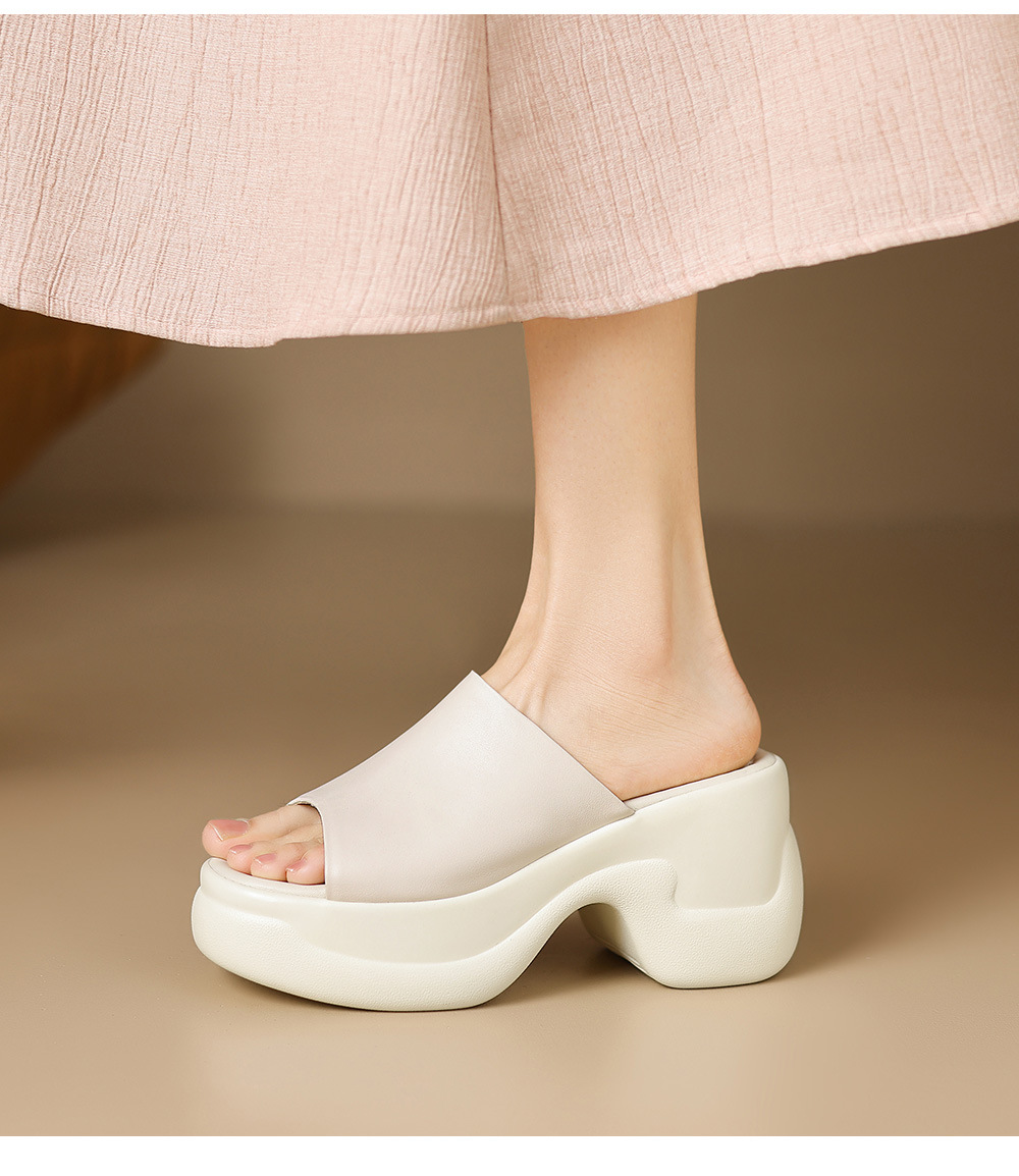 Sandal cao gót nữ đế dày 8,5 cm quai ngang da bò — Da bò trắng gạo chi tiết 7