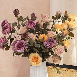 仿真花 4头焦边角玫 小把花束 家居装饰玫瑰花 插花花艺DIY材料