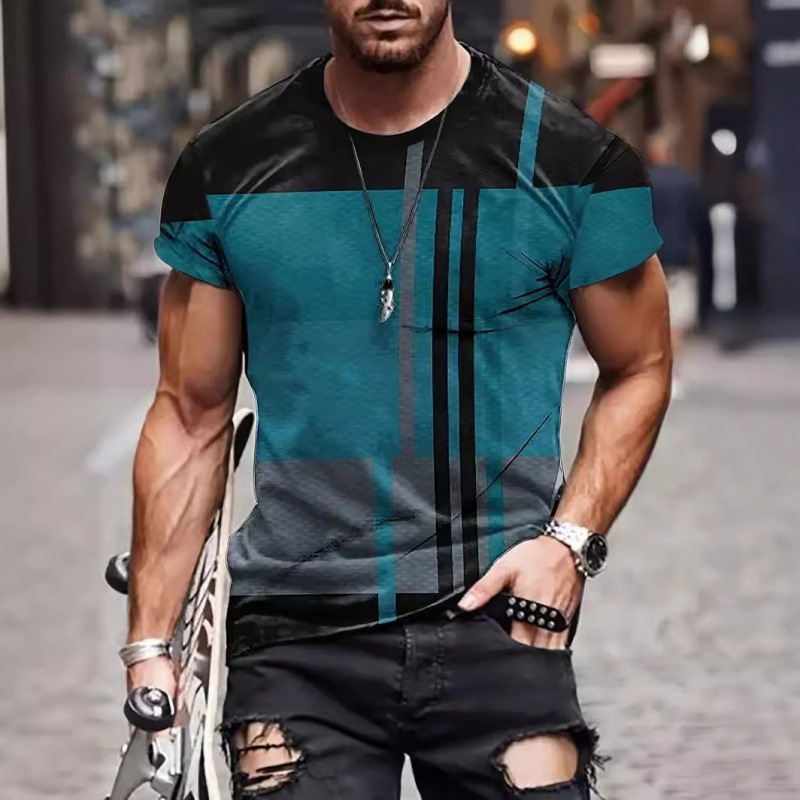 2024跨境新夏男装小图标亚马逊男士T恤纯色圆领宽松健身运动短袖