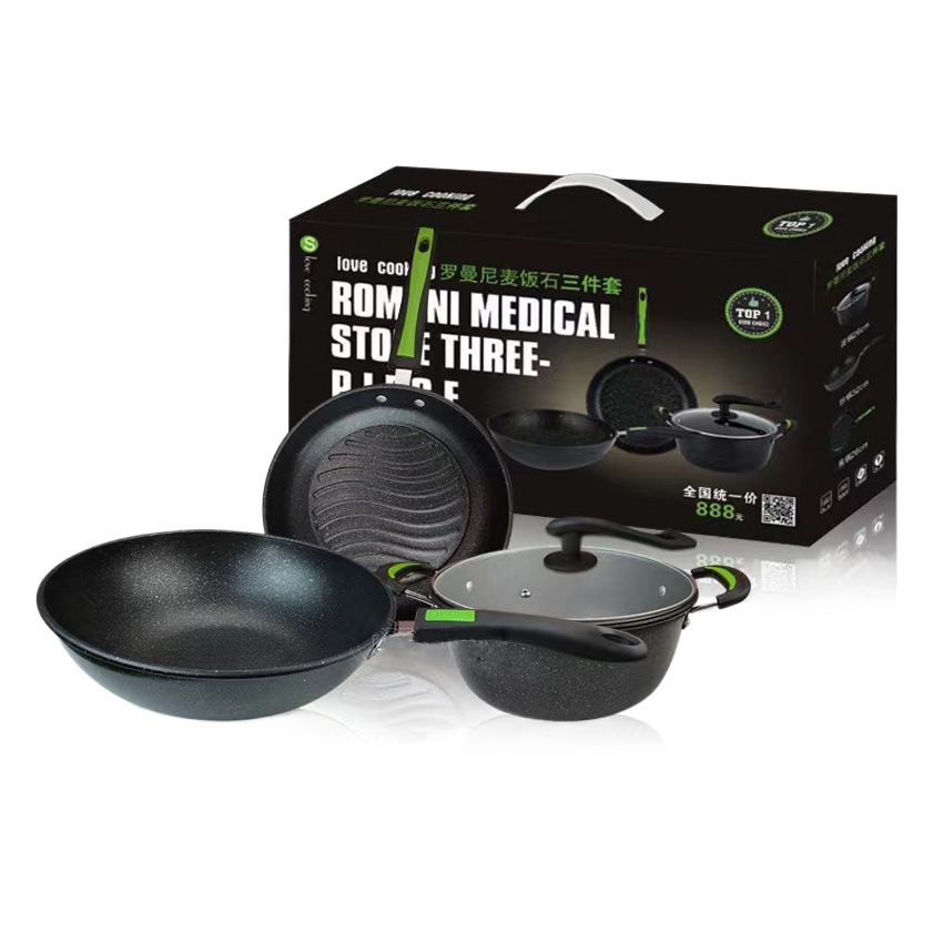 Juego de cocina de tres piezas con revestimiento de piedra Maifan, sartén antiadherente saludable, set de regalo al por mayor