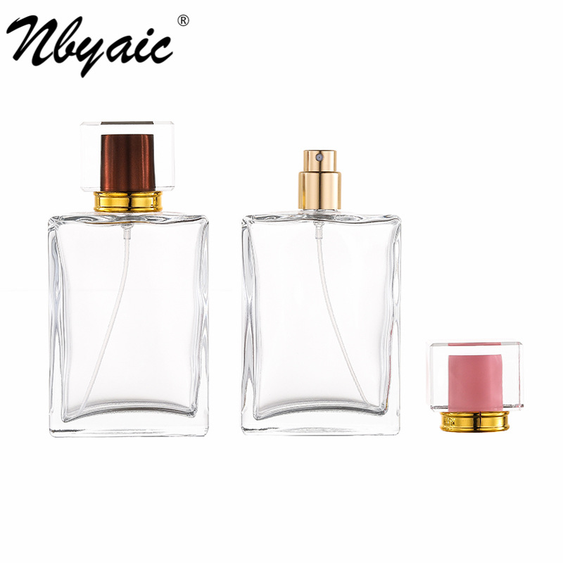 En stock cubierta de acrílico B015-50ML100ml cuadrado transparente vidrio perfume spray sub-embalaje cosmético botella vacía