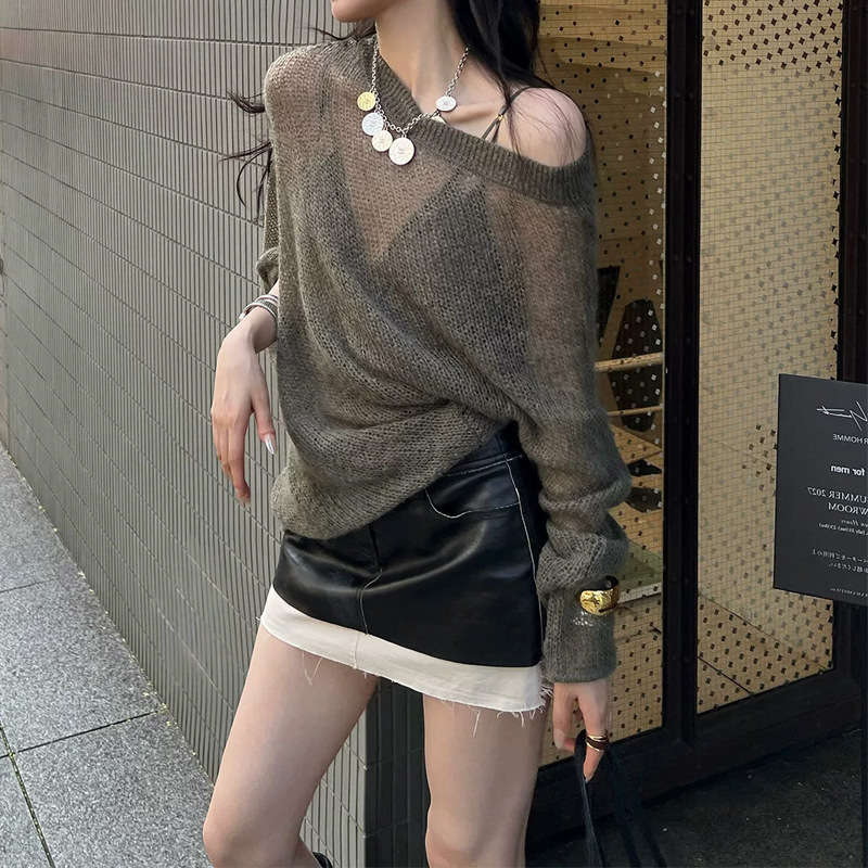 Jinyi' Unboxing Si' Tundra Green Super Fern! Matte mohair off-shoulder hollow-out knitted long-sleeve casual top Jinyi' Unboxing Si' Tundra Green Super Fern! Matte mohair off-shoulder hollow-out knitted long-sleeve casual top