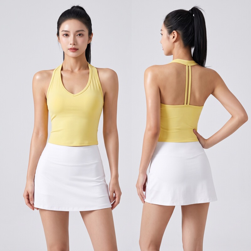 Women's Sports Bra for Pilates Training, Halter Neck Bra, Push-Up, Side Breast Gathering, Yoga Tank Top Bra for Outerwear
