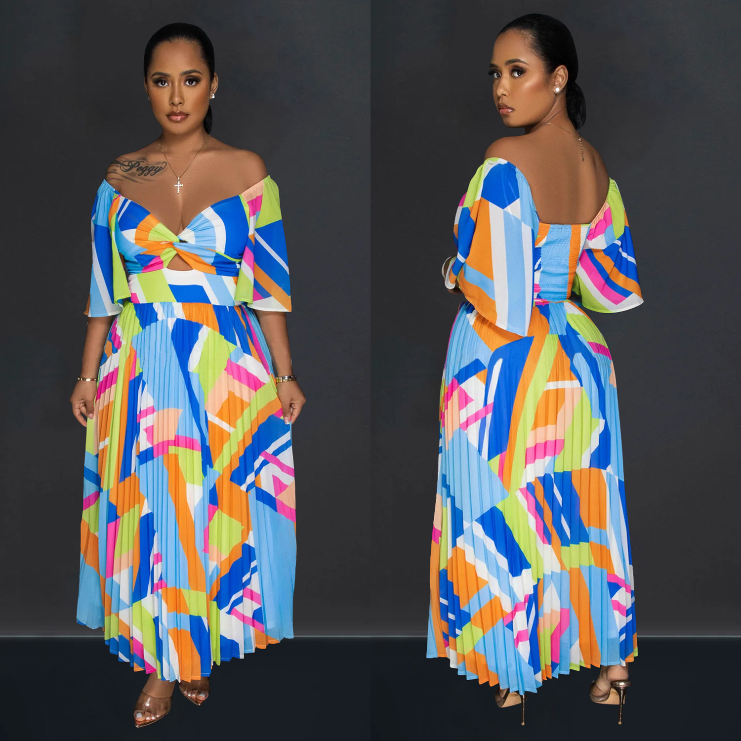 C6879 Cross-border AliExpress Amazon Vestido de falda larga plisada sin espalda con estampado sexy para mujer de moda europea y americana