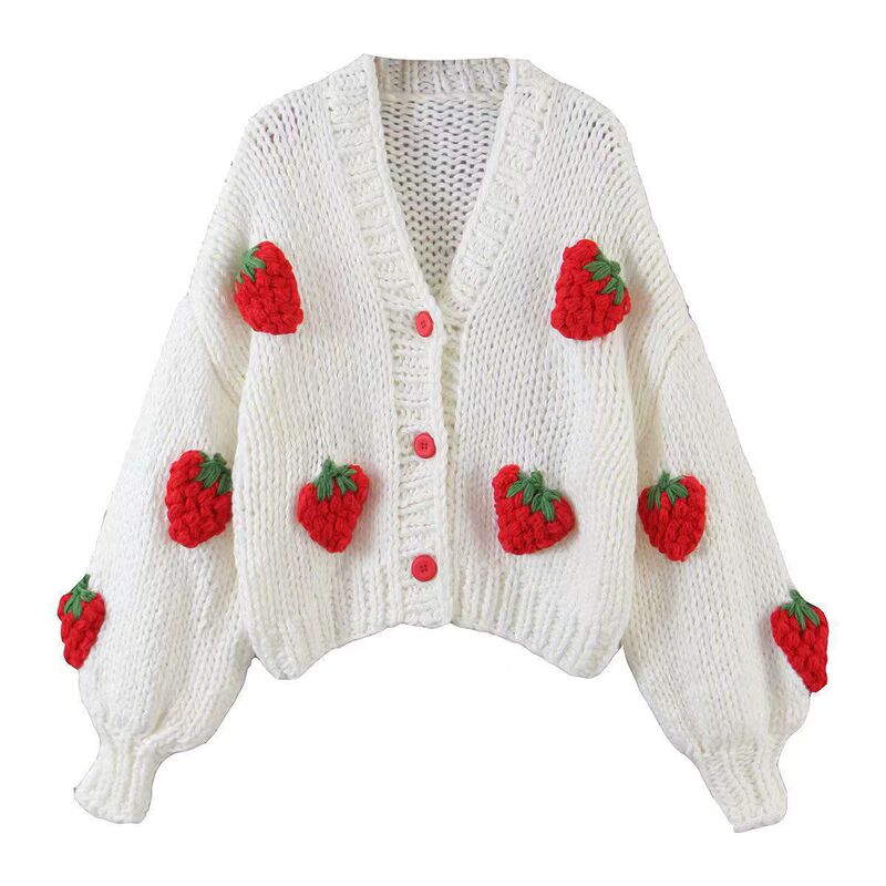 European and American Style Lantern Sleeve Knitted Sweater Cardigan for Women, 2026 Autumn and Winter, Loose Design, Cute Strawberry Top