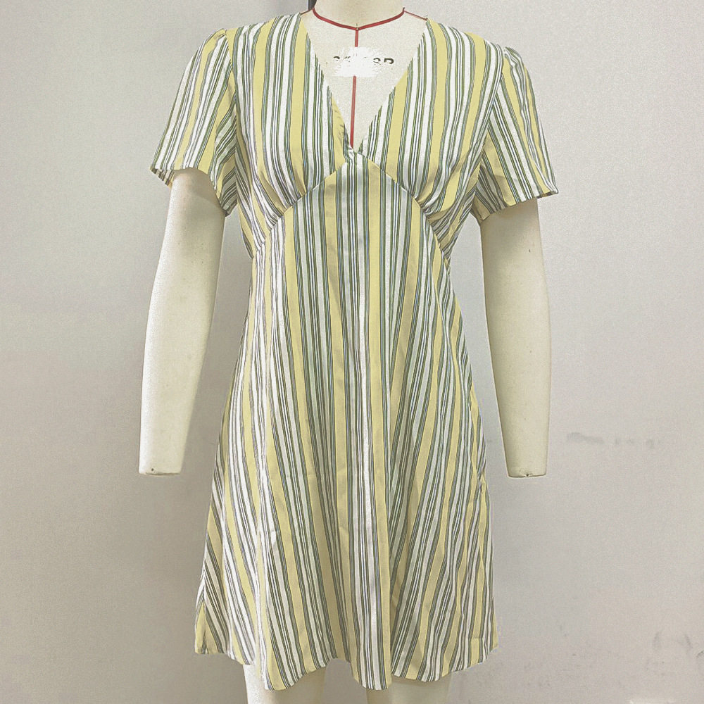Summer Lemon Yellow Striped Sexy Women Dress V-neck Vitality Sweet Short Sleeve Dress