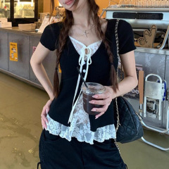 韩系v领假两件蕾丝短袖t恤女2025新款夏季设计感小众修身显瘦上衣