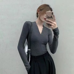 春秋季新款修身高弹力休闲显身材V领长袖打底衫2025辣妹上衣T恤女