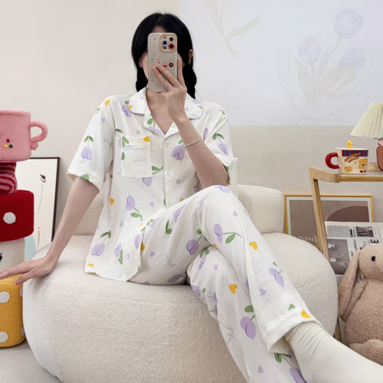 Comercio exterior al por mayor nubes de algodón de manga corta pantalones cardigans con la solapa pijamas de dibujos animados de mujer verano dulce ropa doméstica transfronteriza