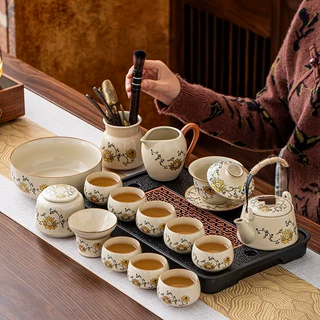 汝窑金莲缠枝功夫茶具套装中式复古泡茶器具茶壶茶杯盖碗茶盘整套