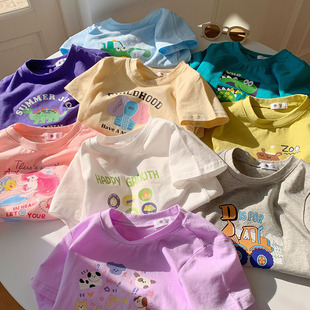 夏季新款恐龍挖機印花短袖套裝女童洋氣半袖寶寶百搭兒童棉T恤