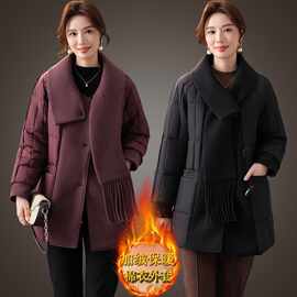 中老年女装时尚保暖棉衣外套妈妈装冬季新款洋气围巾领中长款棉服