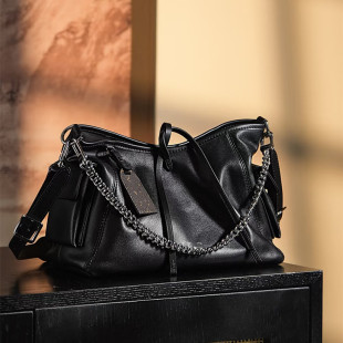 Capacious one-shoulder bag on chain, genuine leather, chain bag