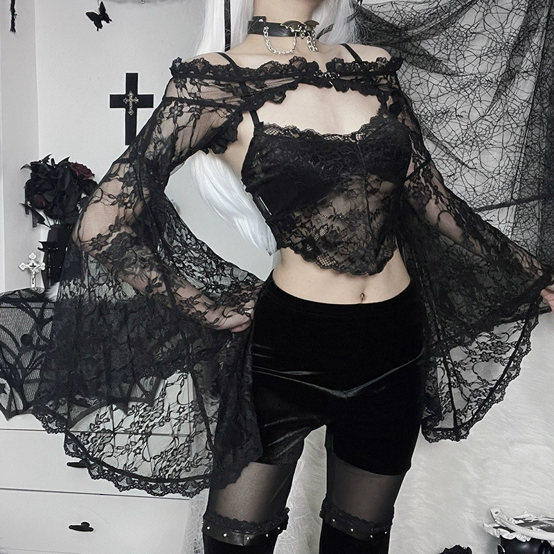 Кроп-топ с открытыми плечами в кружеве (Diablo), Gothic прозрачные рукава-фонарики, сексуальный черный