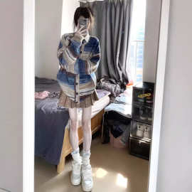 美式针织开衫宽松复古慵懒风油画彩虹条纹渐变长袖春秋毛衣外套女