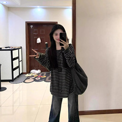韩系撞色条纹长袖圆领t恤女早秋季新款松弛感慵懒风休闲宽松上衣