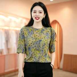 夏季羽毛波点T恤中年妈妈圆领小衫宽松遮肚透气减龄洋气打底上衣
