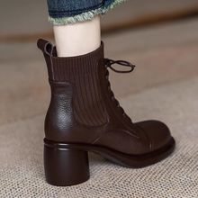 山力达迪正品真皮高跟马丁靴女2025冬季新款毛线口短靴圆头粗跟系