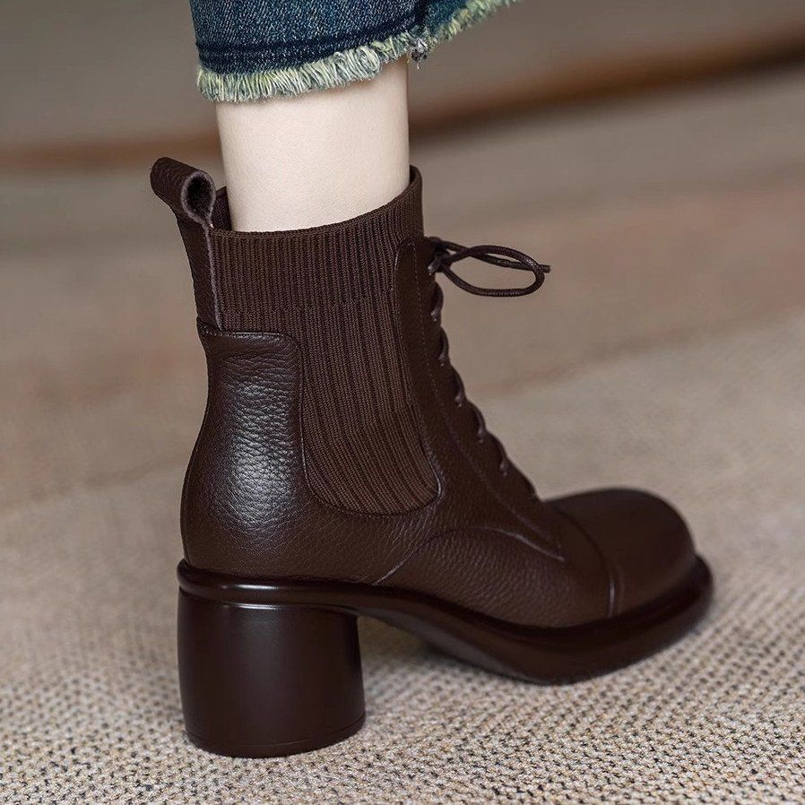 山力达迪正品真皮高跟马丁靴女2025冬季新款毛线口短靴圆头粗跟系