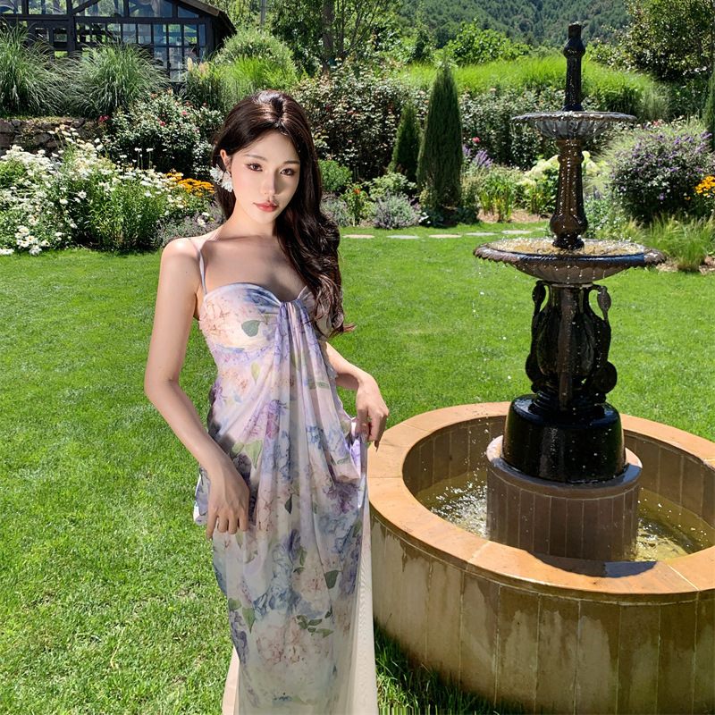 紫色渐变印花吊带长裙绝美仙气出片度假裙弹力收腰网纱抹胸连衣裙|undefined