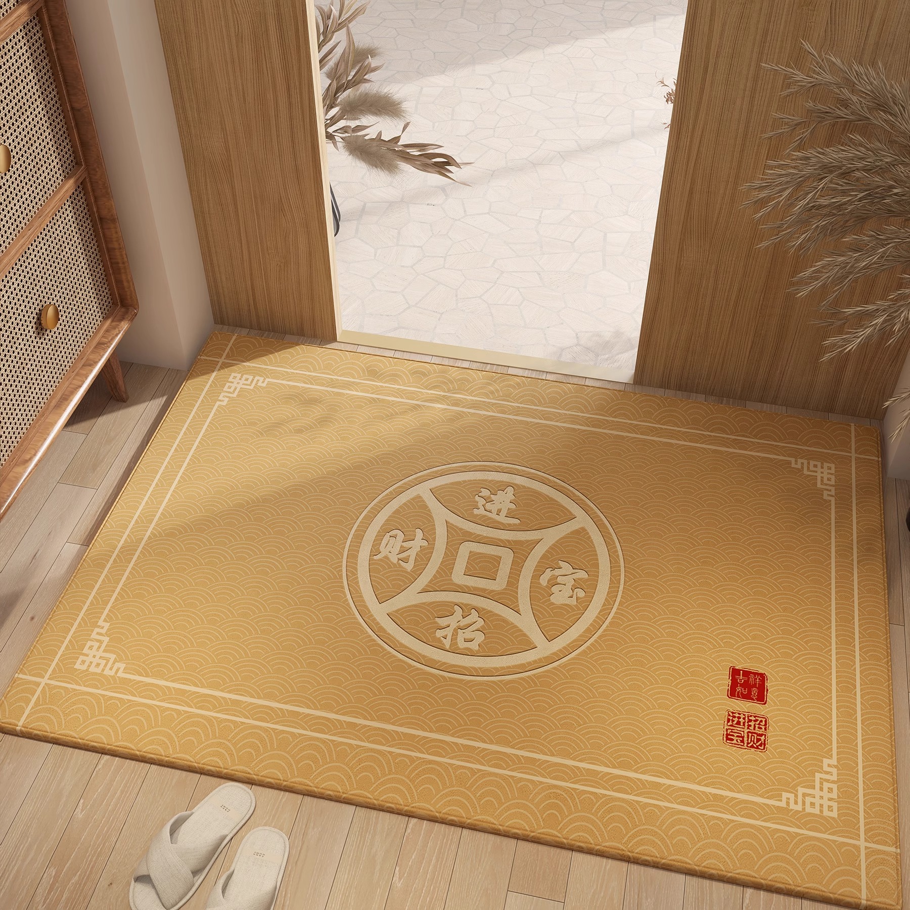 Nueva alfombra de piso de puerta de entrada amarilla china, alfombra de pie antideslizante resistente a la suciedad para el hogar, alfombra dorada en la puerta