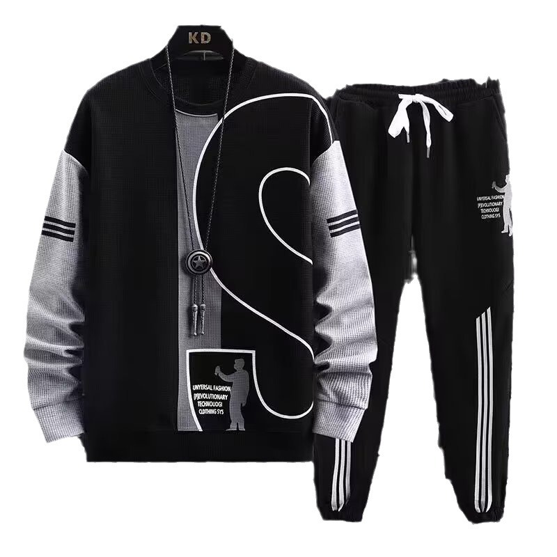 Camisa menos ropa deportiva ocio traje de otoño nuevo color a juego moda Hong Kong estilo suelta waffle cuello redondo suéter