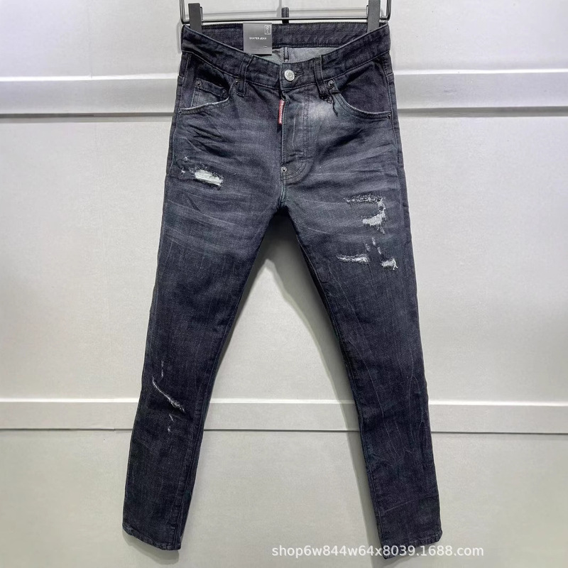 C09025 New European Style D2 Men's Jeans Slim Fit Ripped Patchwork Stretchy Slimming Casual Versatile Slightly Elastic