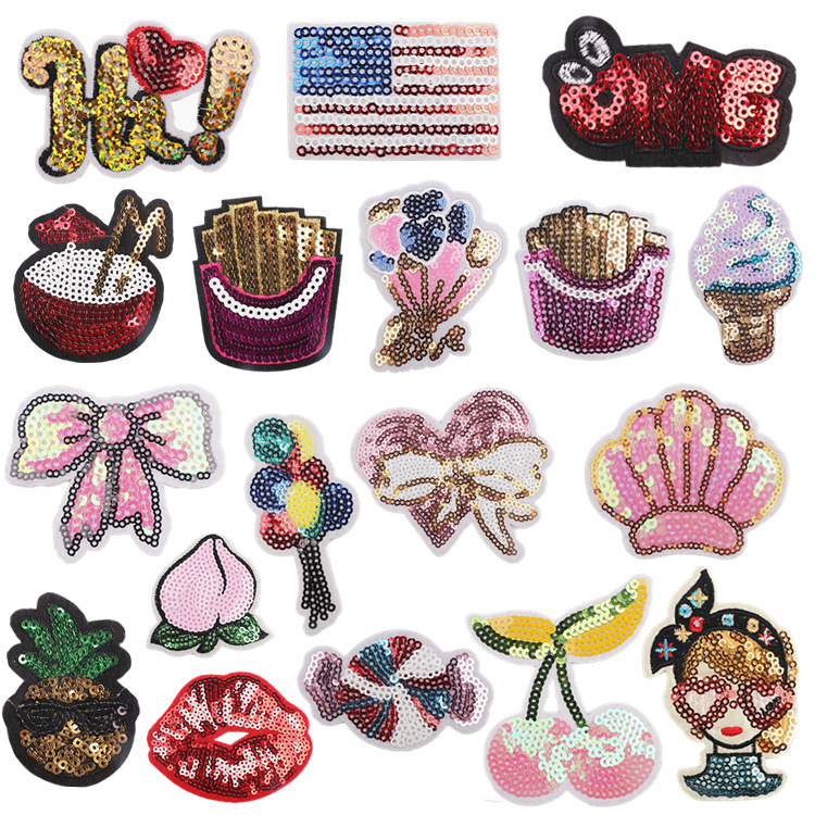 棉色樱桃小嘴亮片刺绣布贴蝴蝶结补丁贴珠片绣花标英文字母刺绣章