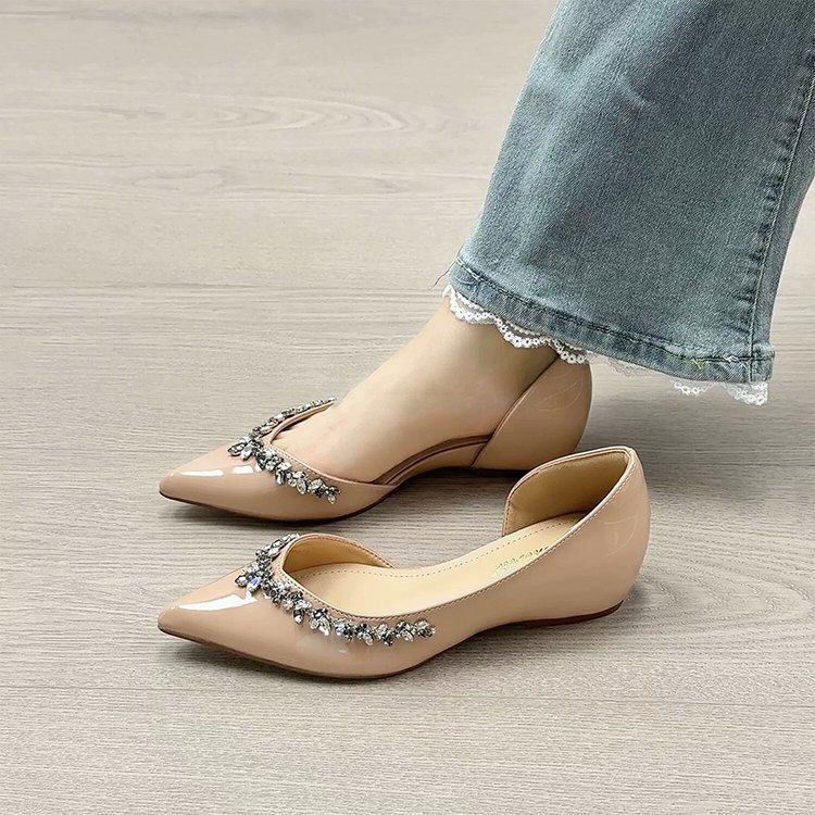 High-End Women's High-Heeled Shoes with a Fine Heel, Elegant French Fashion Style, Nude Color, Comfortable, Pointed Toe, Chanel-Inspired, with Sparkling Rhinestones