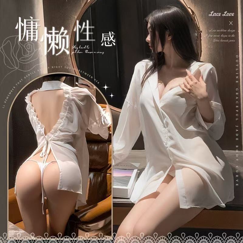 사쿠라 섹시 란제리 남자 친구 스타일 셔츠 섹시 플러스 사이즈 섹시 잠옷 순수한 욕망 여성 얇은 잠옷 홈웨어 세트