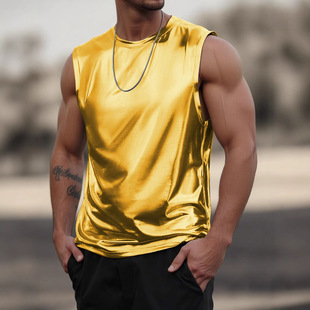 Men's Faux Metallic Sheen Sleeveless Simple Solid Color Casual Vest Muscle Tank Top Men's Clothing Wholesale