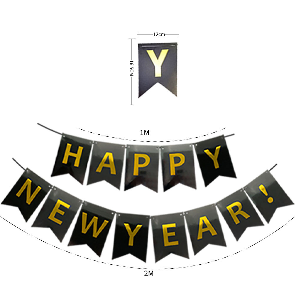 Bandera de oro negro Año Nuevo Bandera de extracción Feliz Año Nuevo Bandera de cola de pez Bandera de triángulo Año Nuevo decoración de año nuevo traje de bandera de extracción