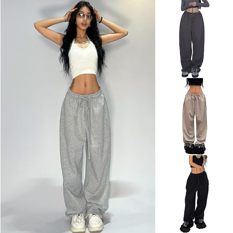 Cross-Border European and American Amazon Autumn Wide-Leg Jogger Drawstring Loose Women's Straight Sweatpants, Thickened Space Cotton