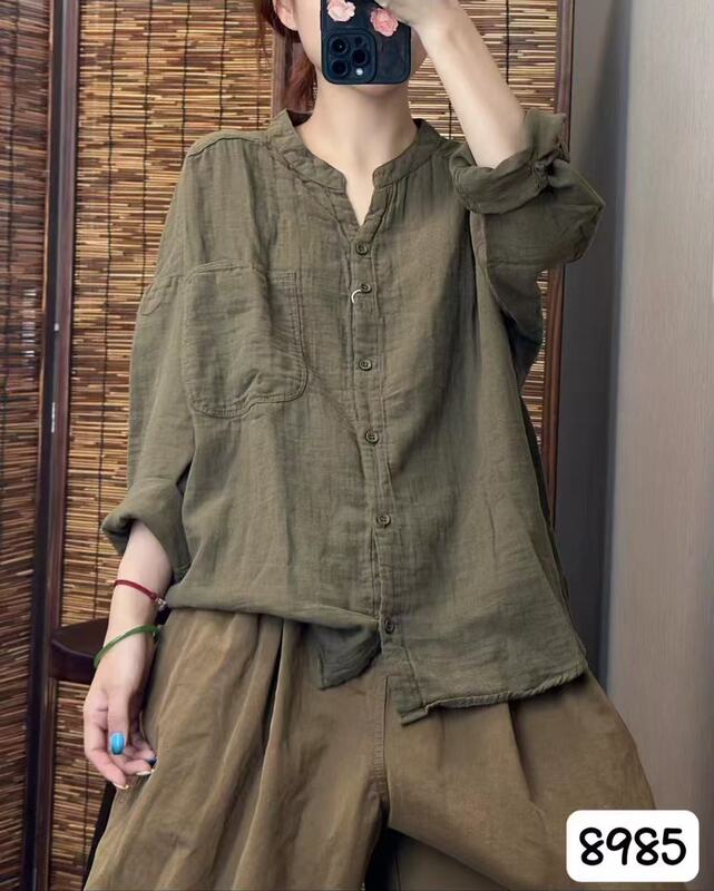 CO  2025秋韩版宽松贴布大口袋双层纱立领衬衫百搭休闲衬衣女8985|undefined