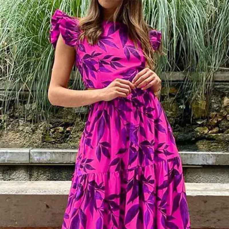 Polyester Fabric Type Wholesale Women's Simple Style Ruffles Flower Travel Round Neck Short Sleeve Sheath Dress